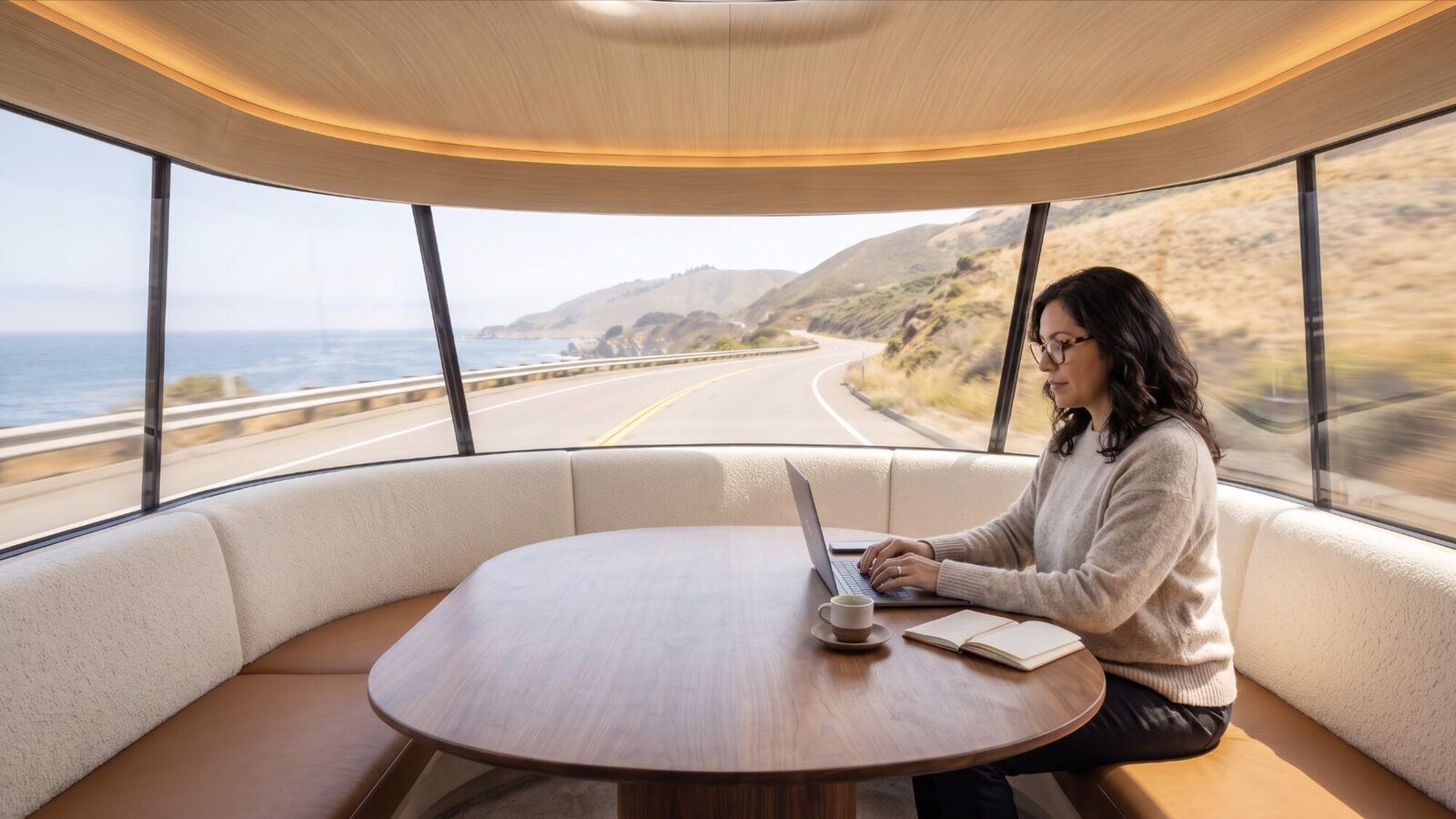 Working at the front table while the Private Car drives the Big Sur coast
