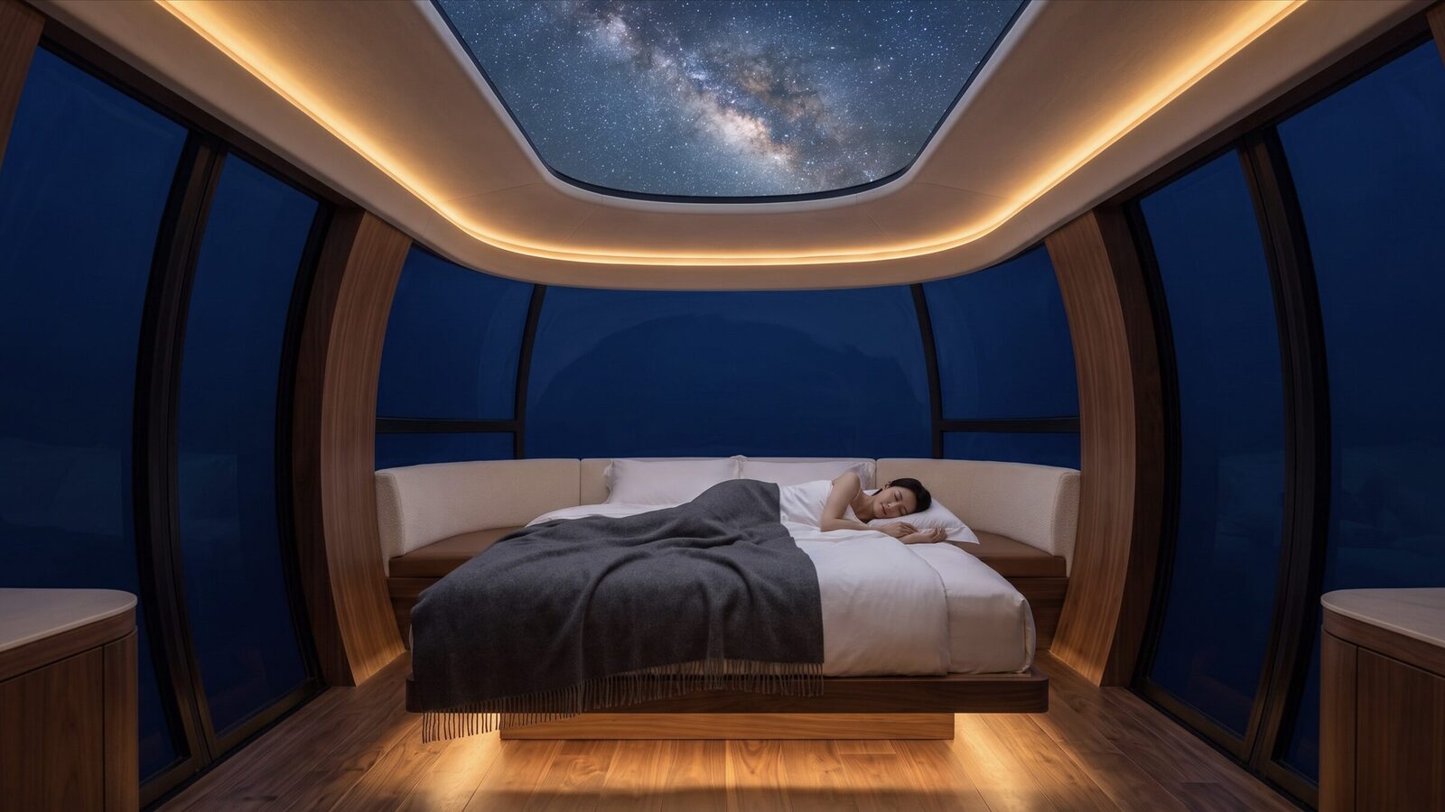 A guest asleep under a clear glass roof full of stars