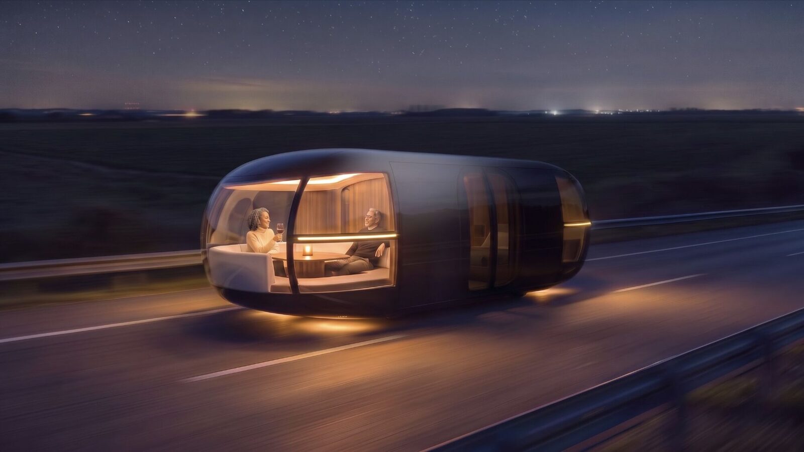 A couple having dinner aboard Nocturne on a night highway