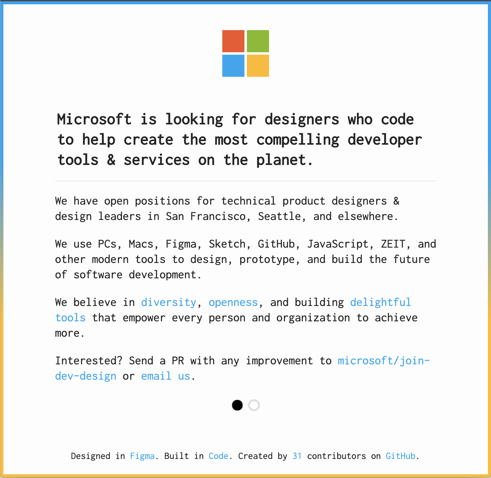The light theme, with a gradient border and a footer crediting 31 contributors