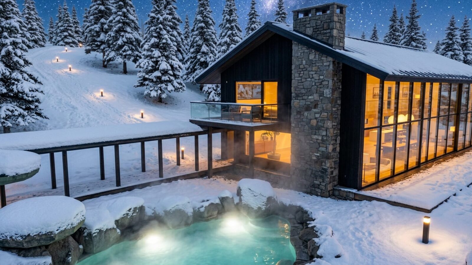 The stone pool steaming on a winter night