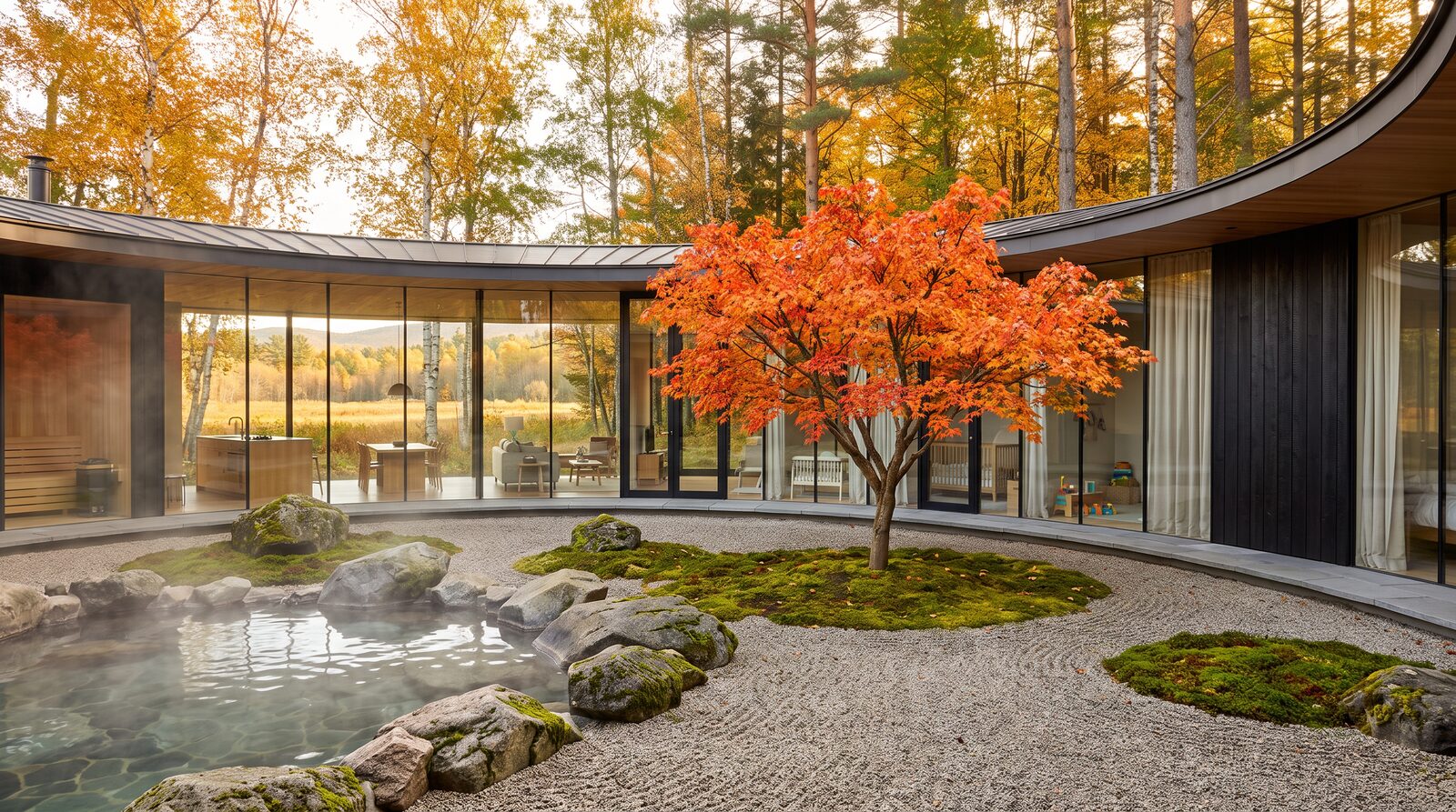 The courtyard in autumn, the maple and the hot spring