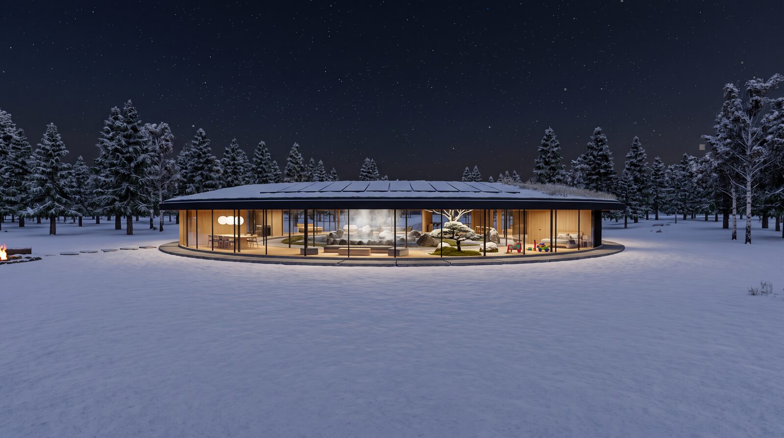 The ring glowing across the snowy meadow at night